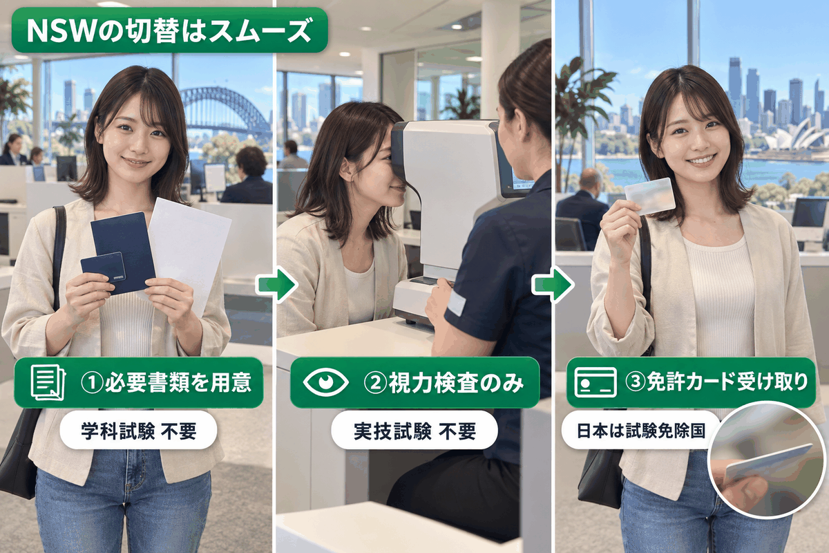 書類準備・視力検査・免許カード受取の3ステップで示したNSWの運転免許切替。学科試験と実技試験は免除