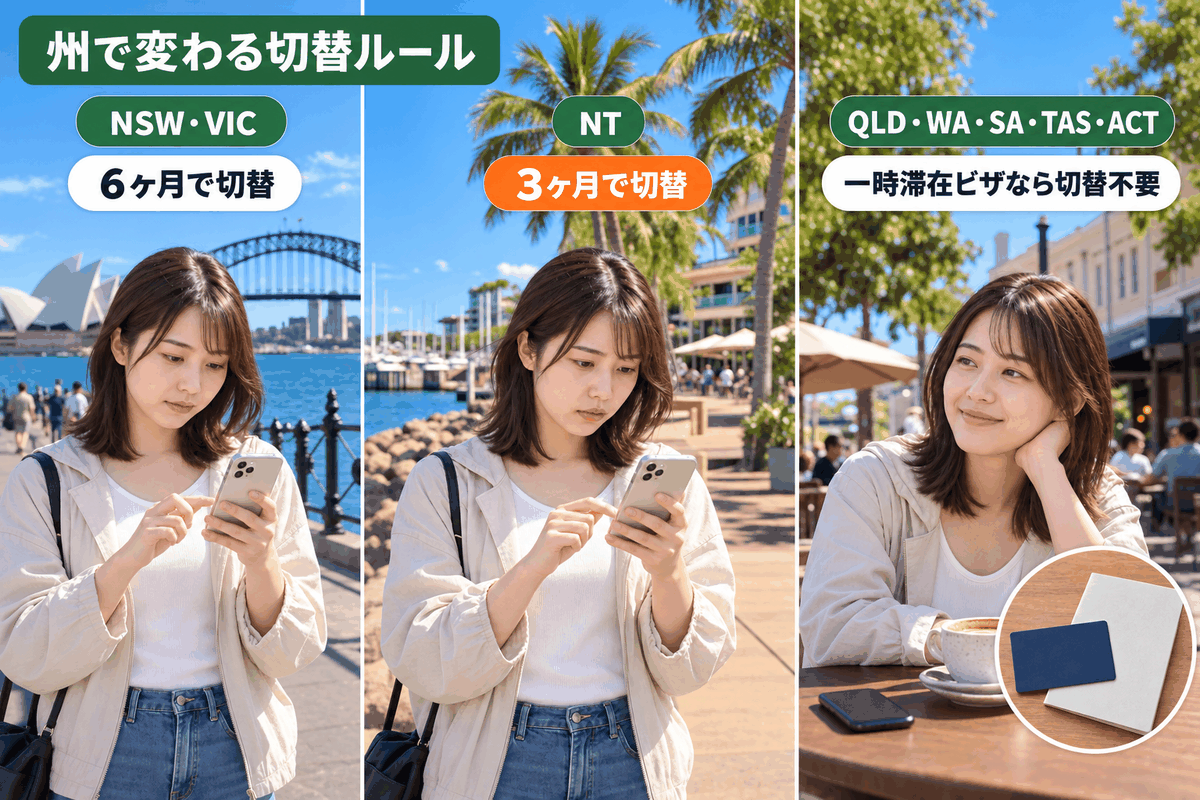 NSW・VICは6ヶ月、NTは3ヶ月、他の州は一時滞在ビザなら運転免許の切替が不要であることを比較した図解