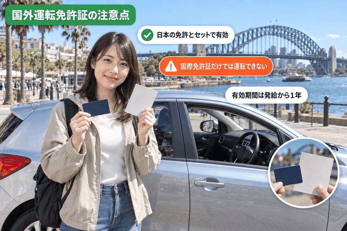 シドニーのレンタカー前で日本の運転免許証と国外運転免許証を並べて持つ留学生。単独では運転免許として使えない