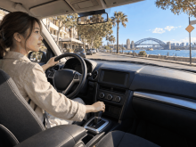 オーストラリアの交通ルールを意識しながらシドニーの街を運転する留学生
