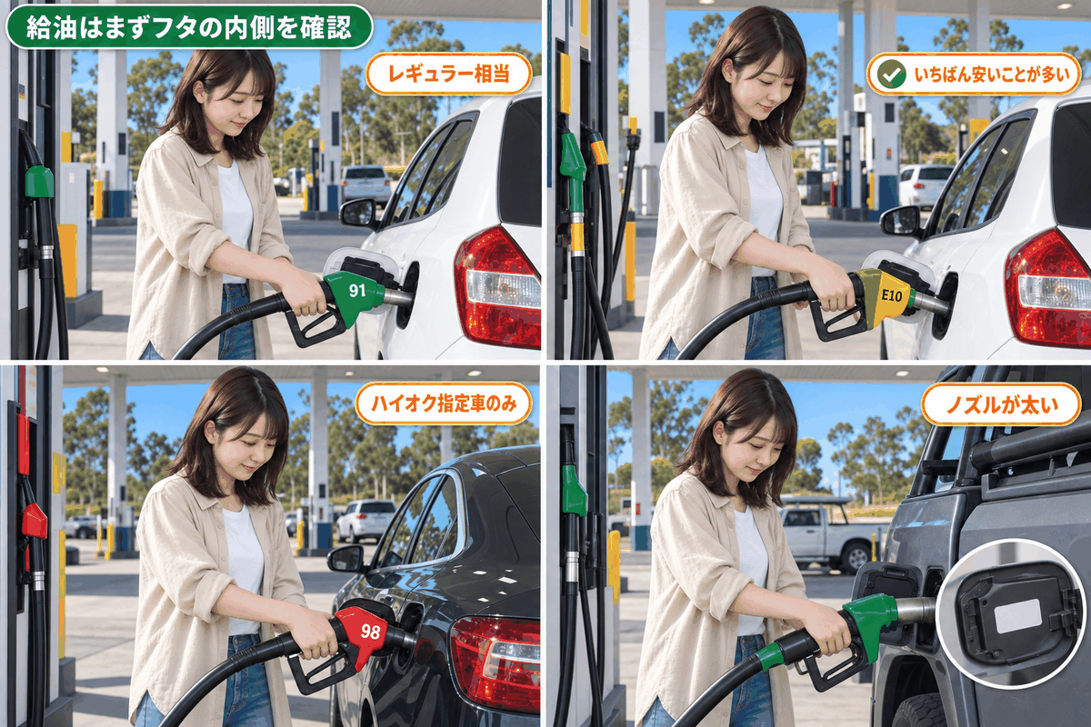 オーストラリアの給油は91・E10・95/98・ディーゼルの4種類をノズルで見分ける場面