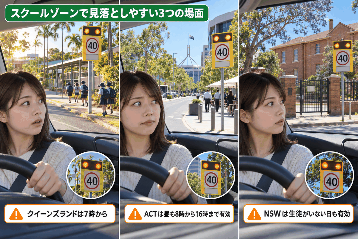 スクールゾーンは州で時間帯が異なることを示す、クイーンズランド・ACT・NSWの3つの場面