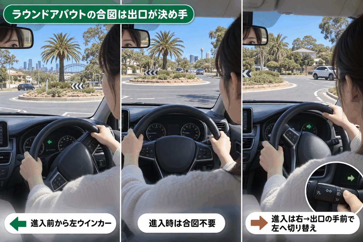 ラウンドアバウトでのウインカーの出し方を左折・直進・右折の3パターンで示した場面