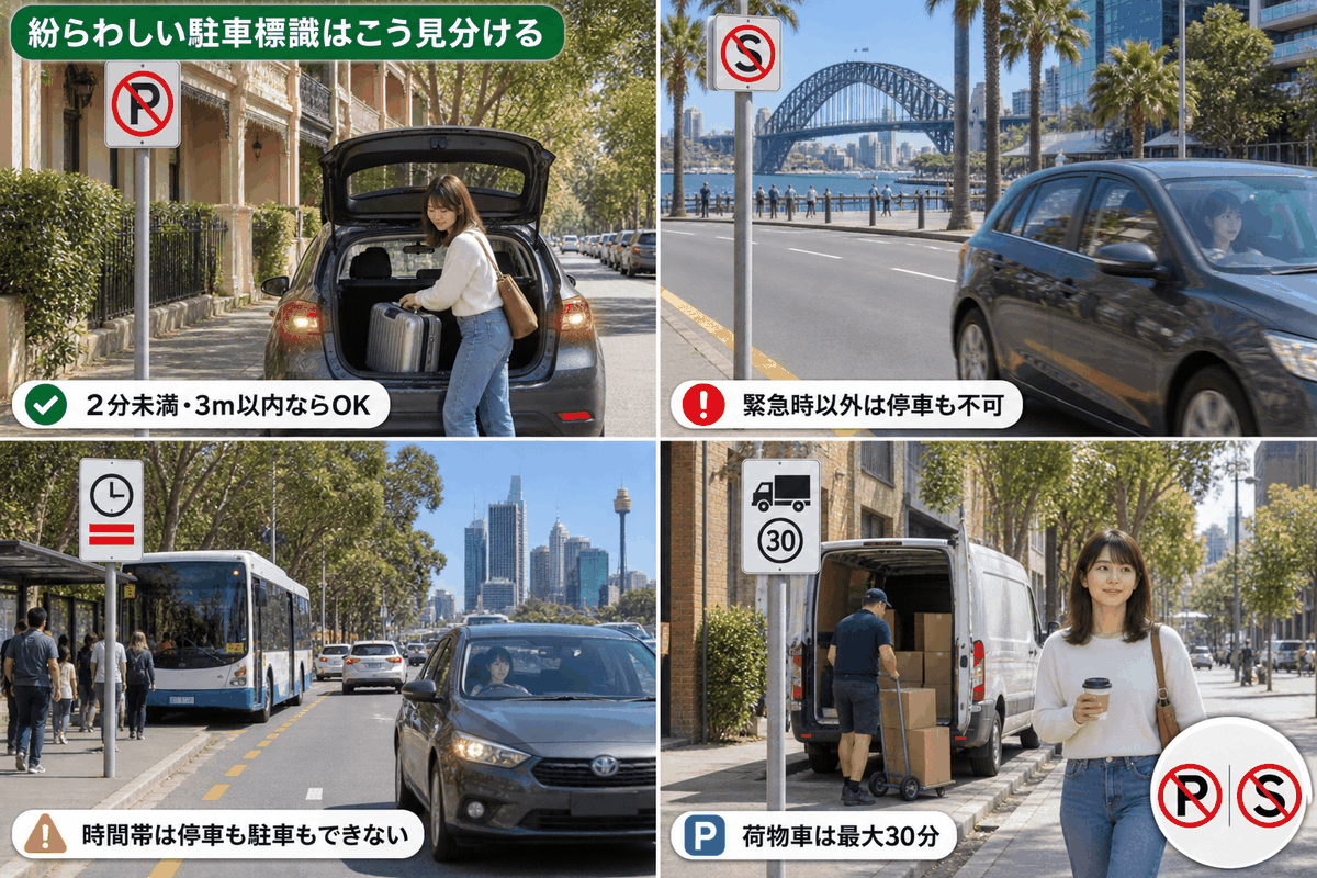 No ParkingとNo Stoppingなど駐車標識4種類の違いを示した場面