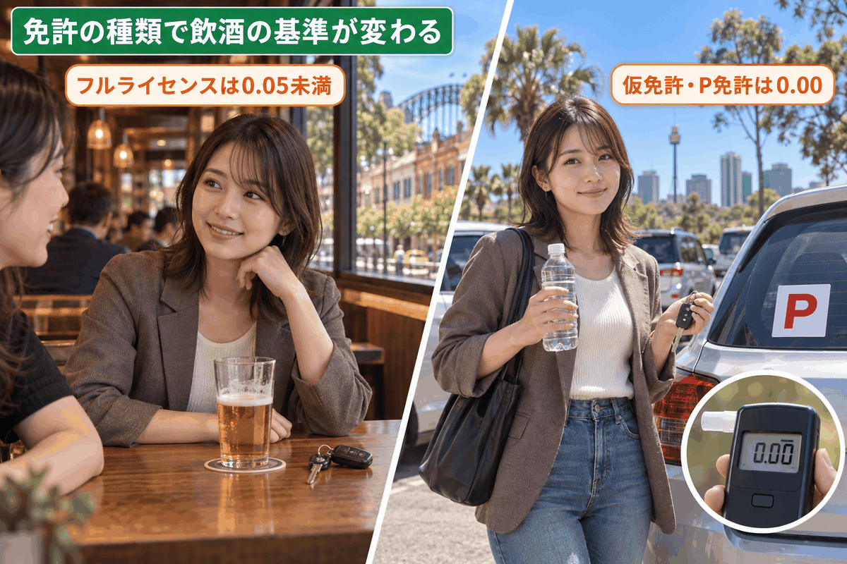 オーストラリアの飲酒運転基準はフル免許0.05未満、仮免許・P免許は0.00と免許で異なる