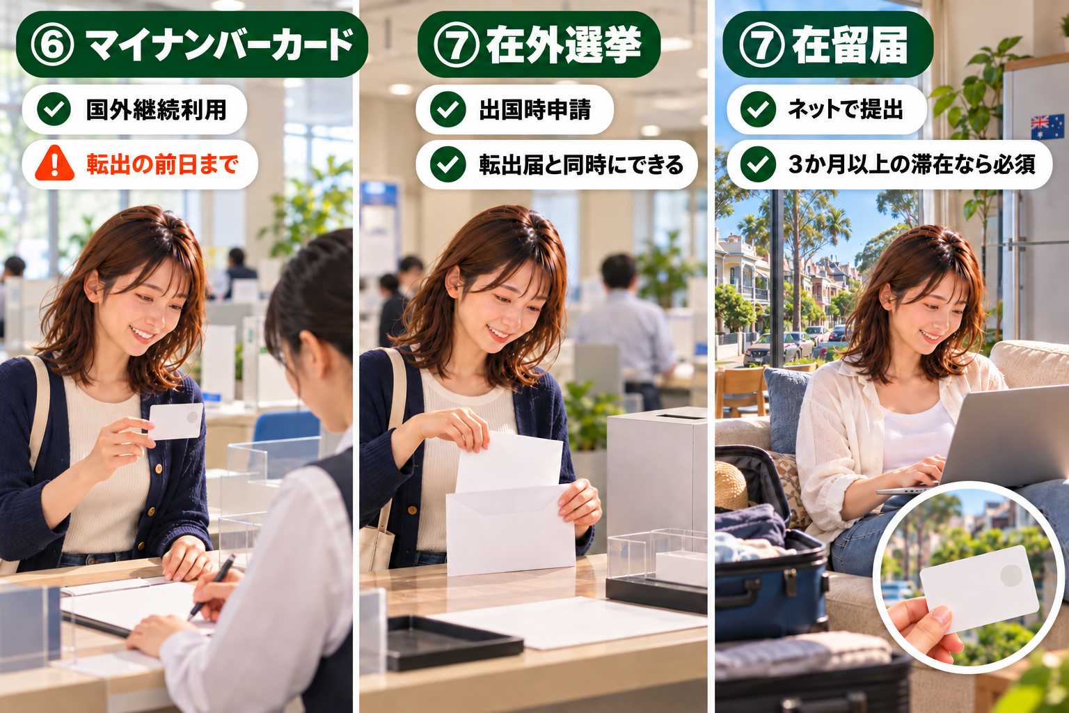 オーストラリア出国時のマイナンバーカード国外継続利用と在外選挙の申請、到着後の在留届を3場面で示した図