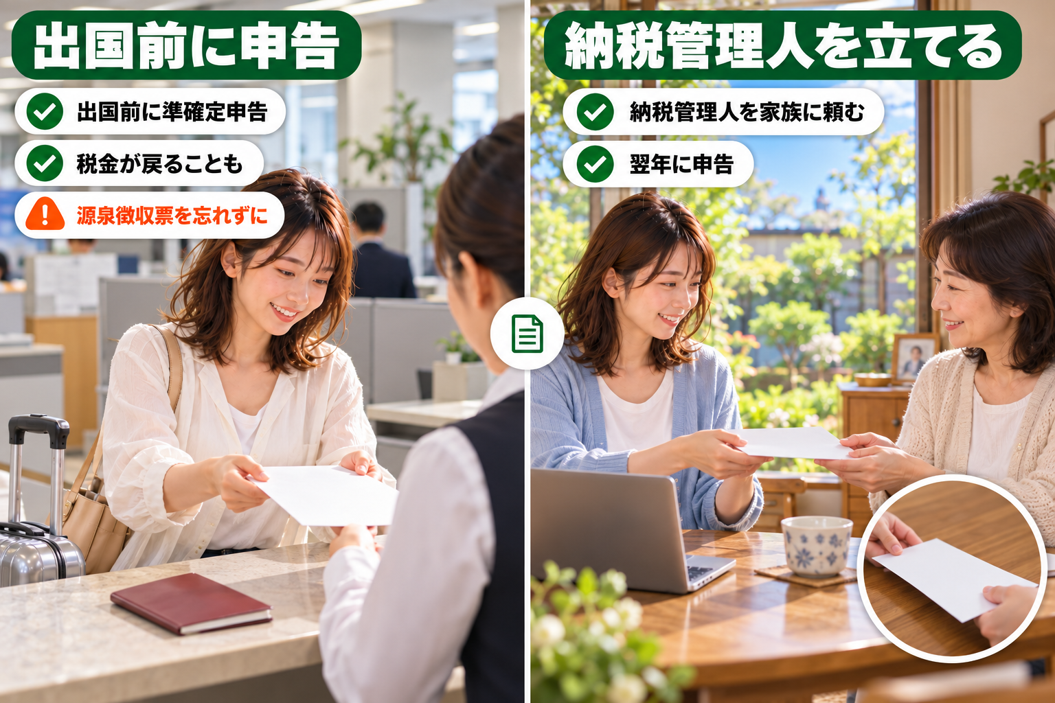 オーストラリア出発前の確定申告について、税務署で準確定申告をする場合と家族に納税管理人を頼む場合を比べた図