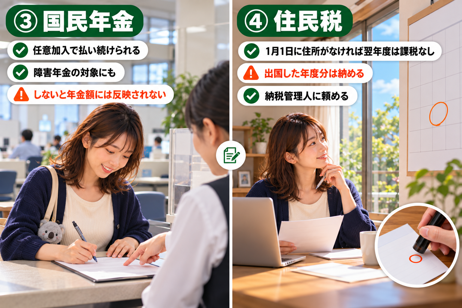オーストラリア出発前の国民年金の任意加入の手続きと、住民税は1月1日の住所で決まることを2場面で示した図