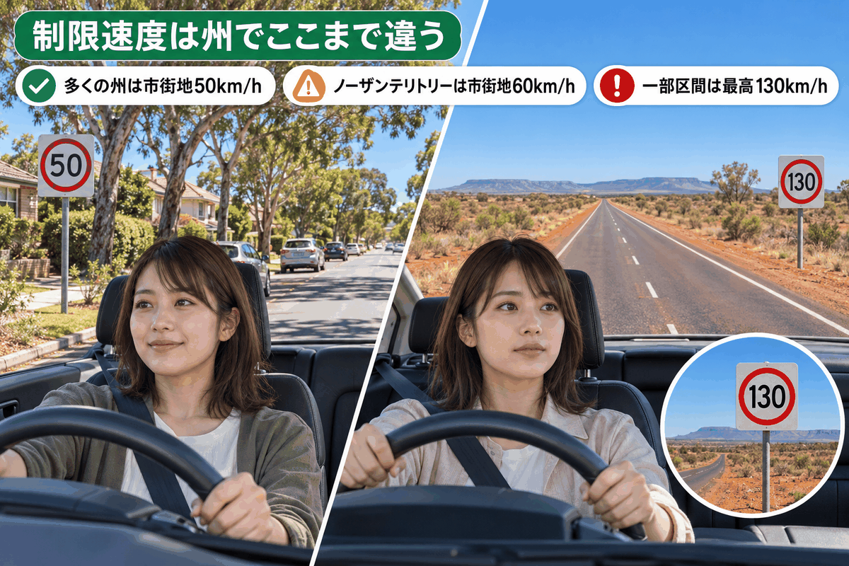 オーストラリアの制限速度は州ごとに異なり、市街地50km/hと郊外130km/hの標識を対比した場面