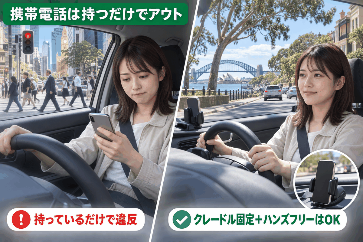 オーストラリアでは携帯電話を手に持つだけで違反になり、ハンズフリーとの違いを対比した場面
