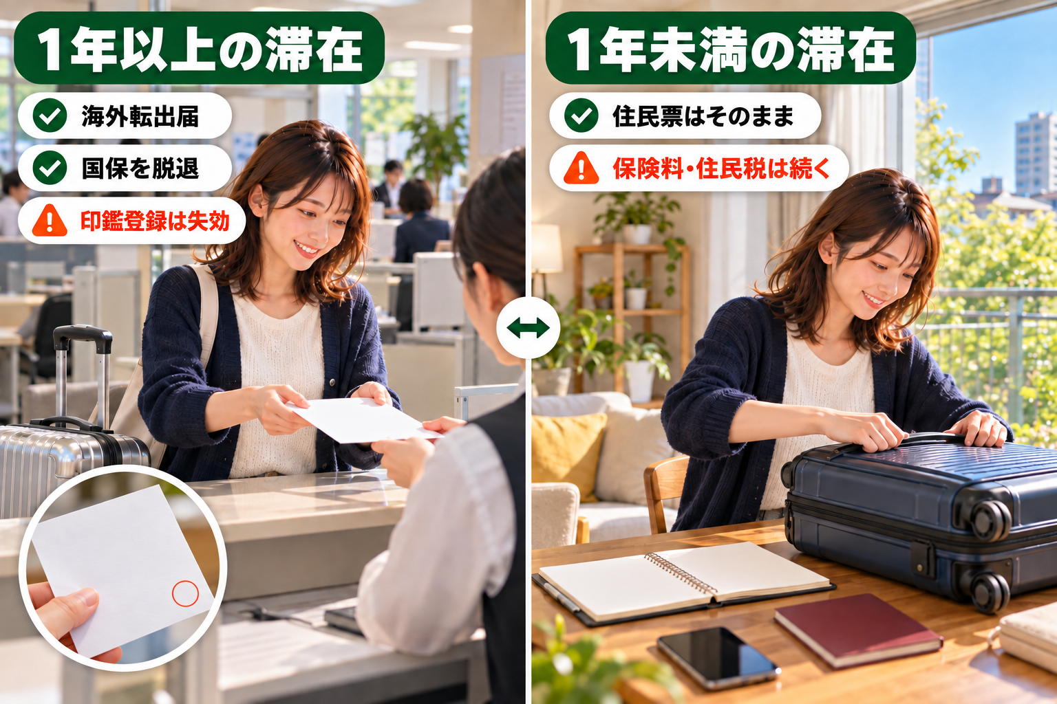 オーストラリア留学で住民票を抜く人と残す人の違いを、役所の窓口と自宅の2場面で比べた図