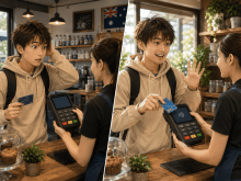 オーストラリアのチップ事情を左右で比較したイラスト。カード端末で戸惑う場面とNo tipで断る場面