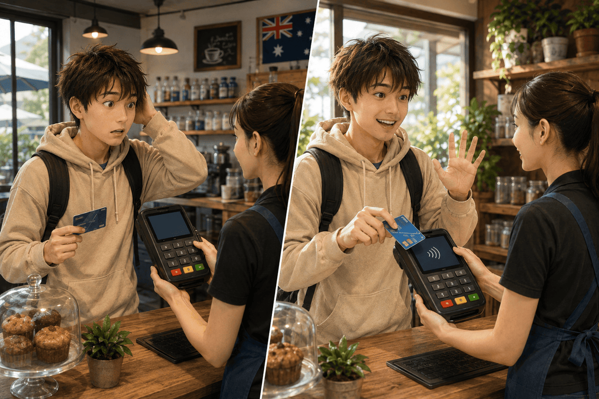 オーストラリアのチップ事情を左右で比較したイラスト。カード端末で戸惑う場面とNo tipで断る場面