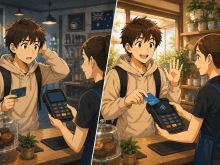 オーストラリアのチップ事情を左右で比較したイラスト。カード端末で戸惑う場面とNo tipで断る場面
