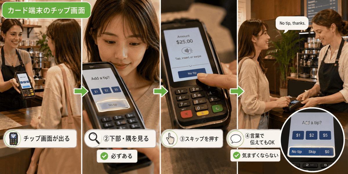 オーストラリアのカード端末でチップを断る手順を4ステップで示した図。No tipボタンの位置を表示