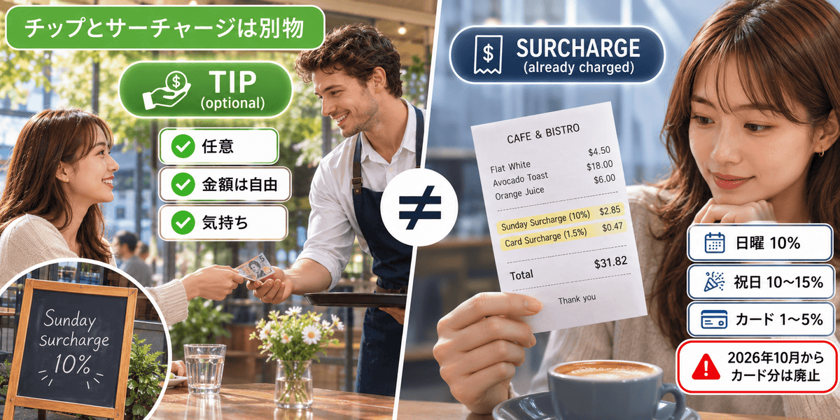 オーストラリアのチップと日曜祝日サーチャージの違いを左右で比較した図。相場の目安を表示