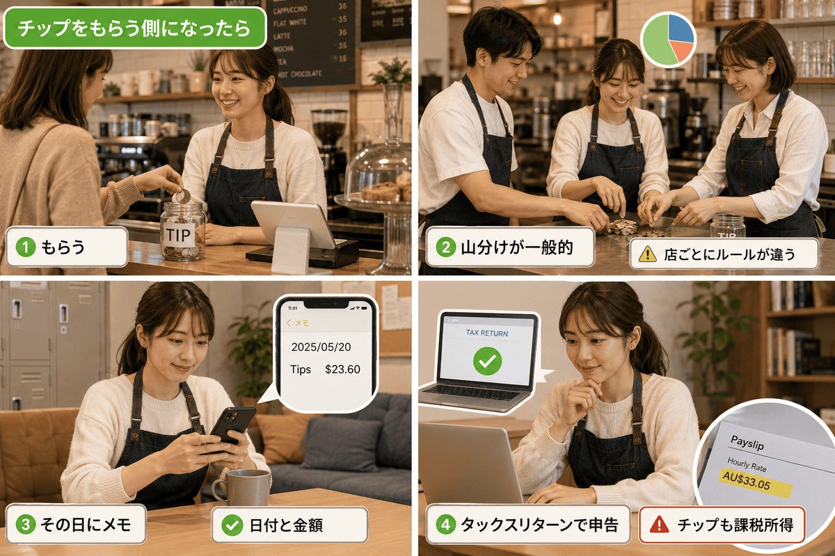 ワーホリがオーストラリアでチップを受け取る流れを4コマで解説。分配・記録・税務申告の手順