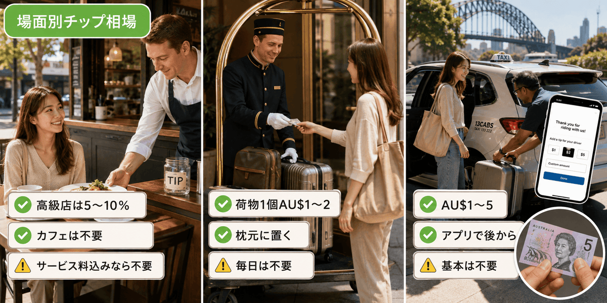 オーストラリアのチップ相場を飲食店・ホテル・タクシーの3場面で比較したイラスト