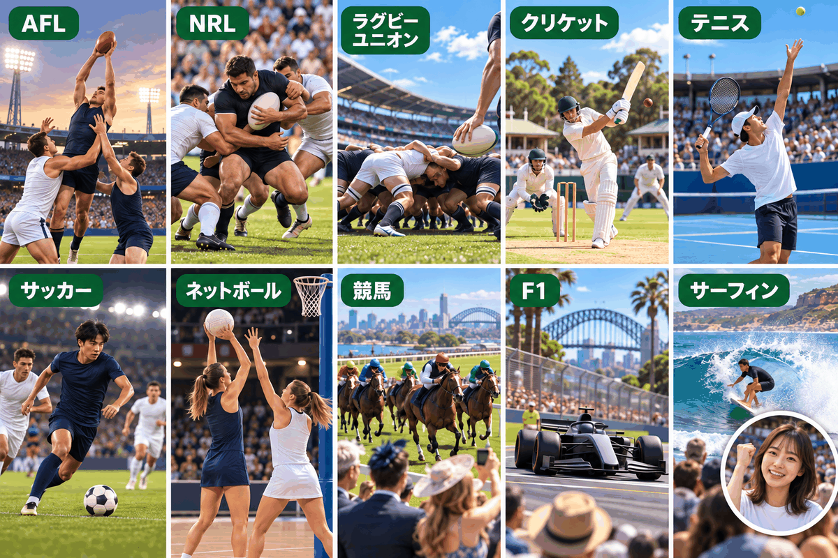 オーストラリア スポーツの人気10競技をまとめた図。AFL・ラグビー・クリケット・テニス・サッカー・競馬・F1・サーフィンなど