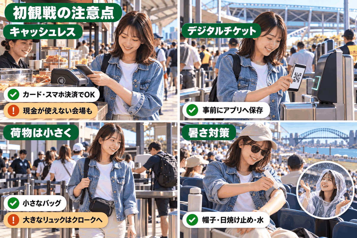 オーストラリア スポーツ観戦の注意点。キャッシュレス決済、デジタルチケット、荷物の大きさ、暑さ対策を示した図