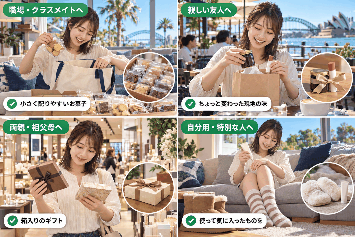 職場・友人・家族・自分用に分けたオーストラリアのお土産の選び方を4つの場面で示した図