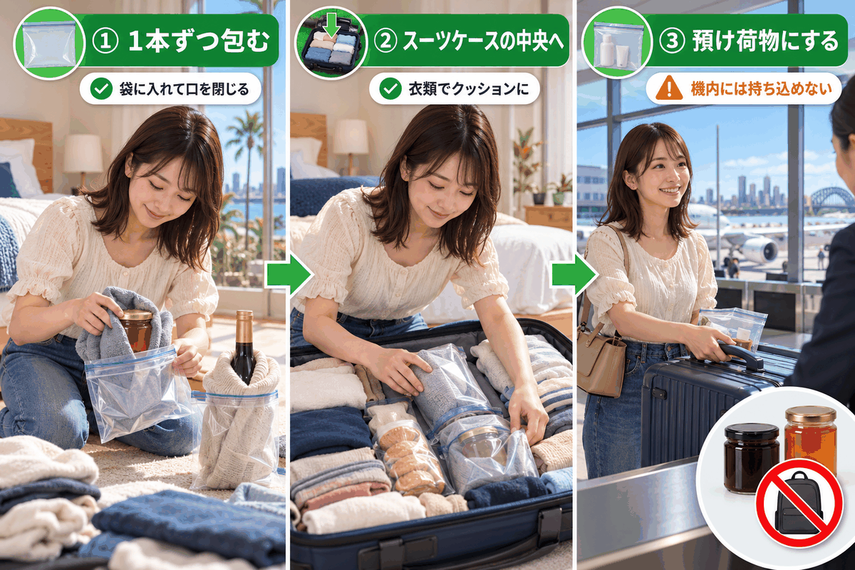 ベジマイトやワインの瓶を衣類で包みスーツケースに入れて預ける、オーストラリア出国前のお土産パッキング手順
