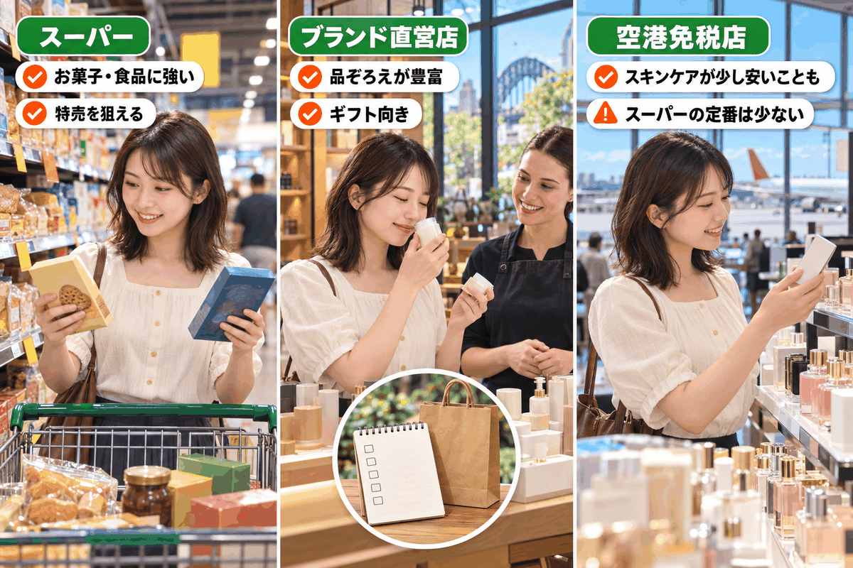 スーパー・ブランド直営店・空港免税店の3か所で買うオーストラリアのお土産の違いを示した図