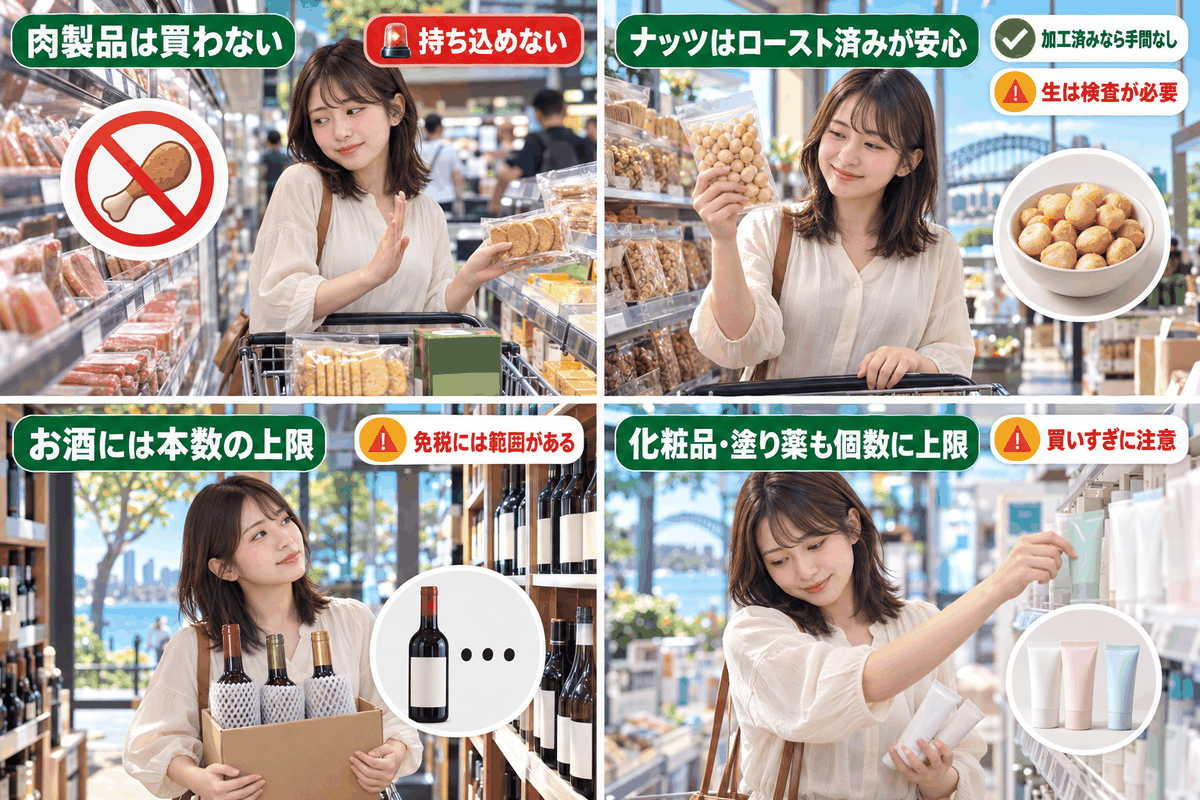 肉製品・ナッツ・お酒・化粧品の4つに分けた、オーストラリアのお土産を日本へ持ち帰るときのルールの図