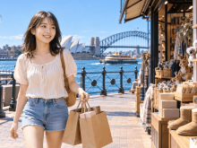 シドニーの港沿いでお土産の紙袋を手に微笑む日本人女性。オーストラリアのお土産選びの場面