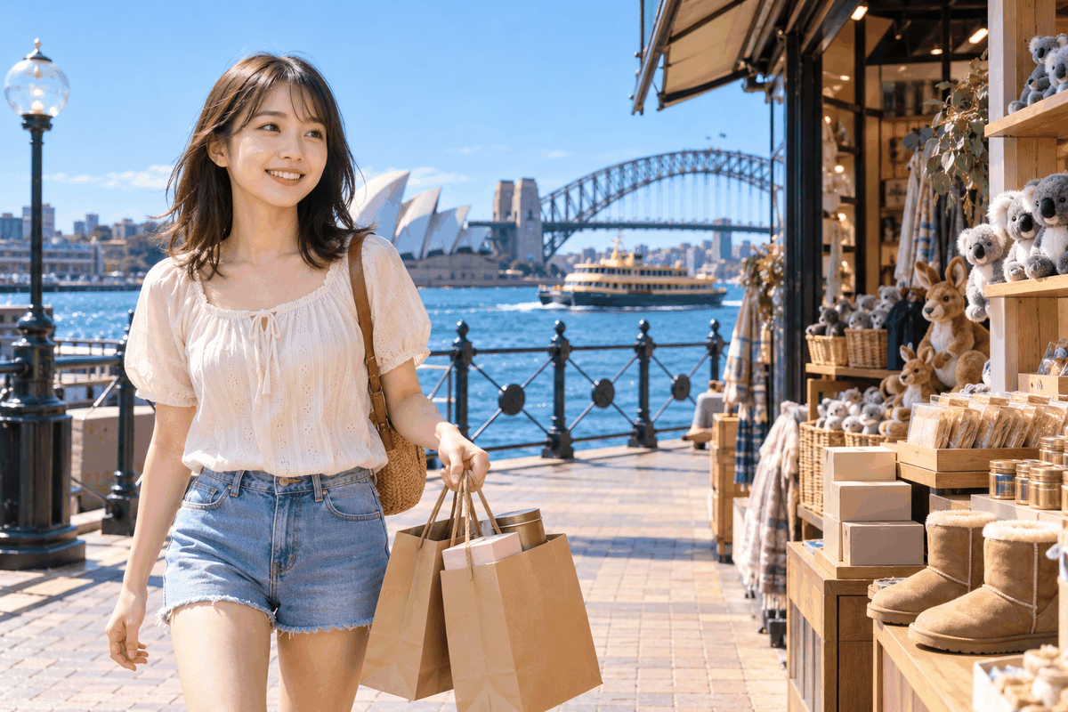 シドニーの港沿いでお土産の紙袋を手に微笑む日本人女性。オーストラリアのお土産選びの場面