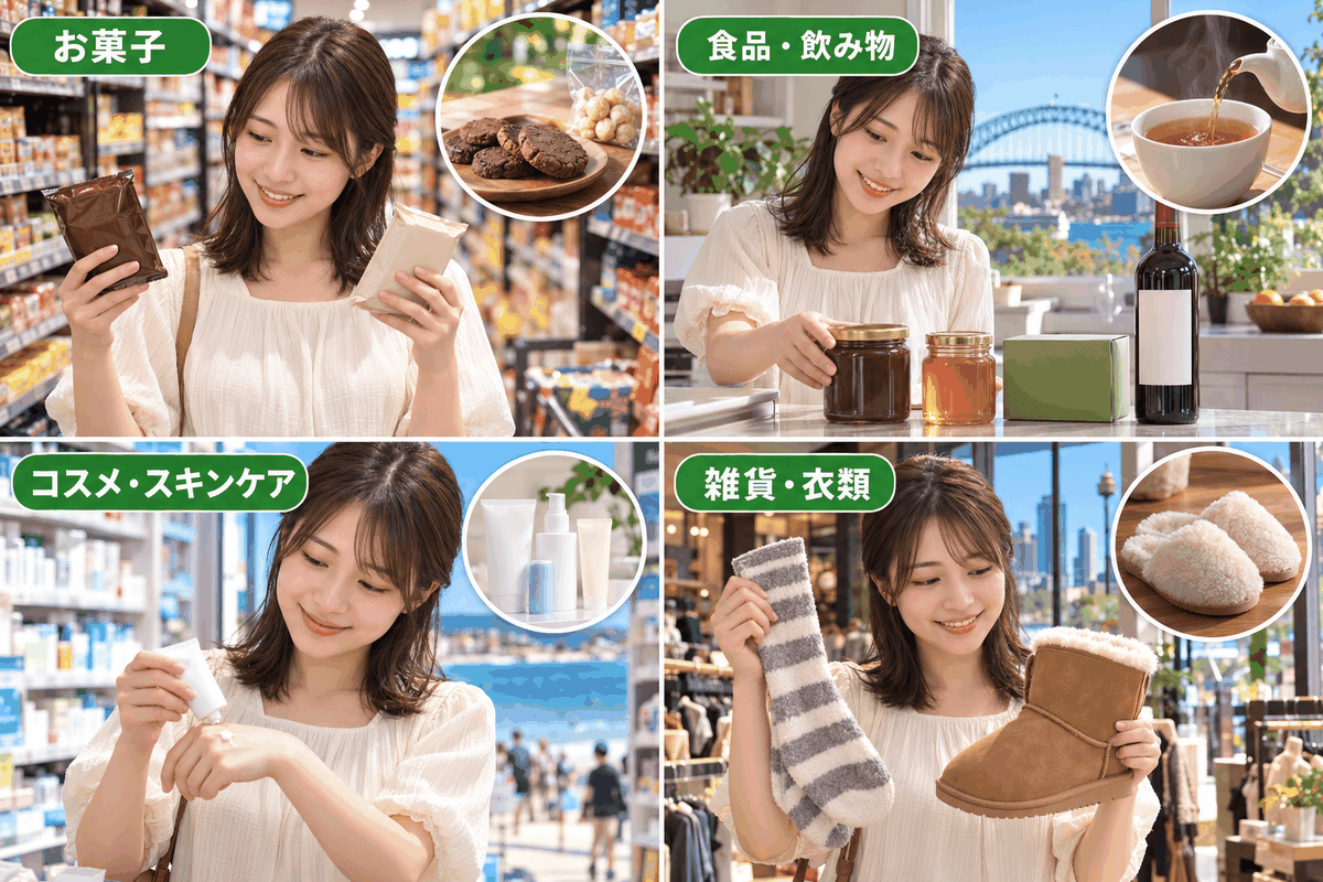 お菓子・食品・コスメ・雑貨の4ジャンルで選ぶオーストラリアのお土産を4コマで示した図