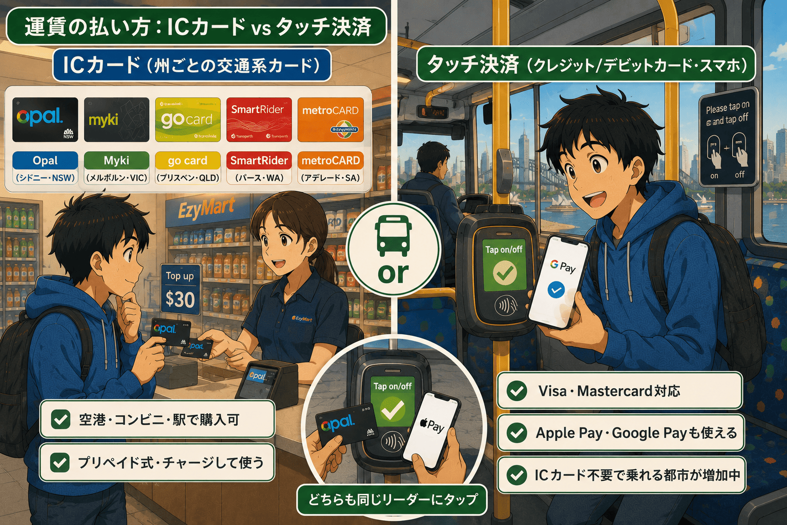 オーストラリアの運賃の払い方とICカードとタッチ決済の違いを説明