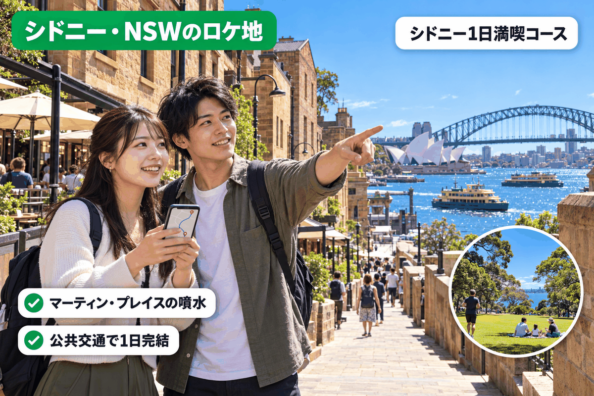 オペラハウスとハーバーブリッジを背景に街を歩く留学生2人。シドニー 映画ロケ地巡りの様子