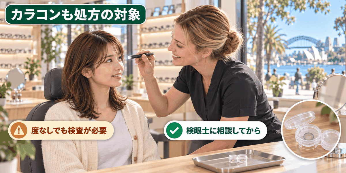 オーストラリアで度なしカラーコンタクトを使う前に検眼士の検査を受ける様子。カラコンも処方の対象という注意点