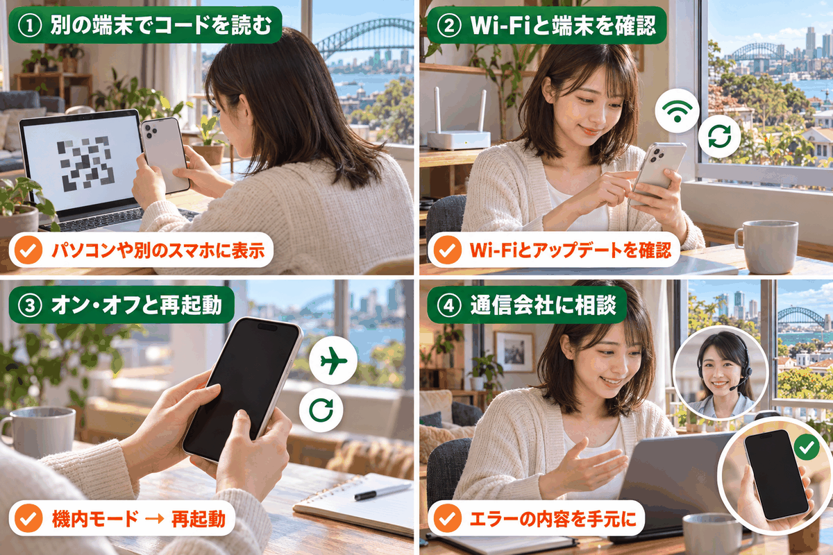 オーストラリア eSIMがつながらないときの確認4項目。別の端末でコードを読む、Wi-Fi、再起動、通信会社への相談