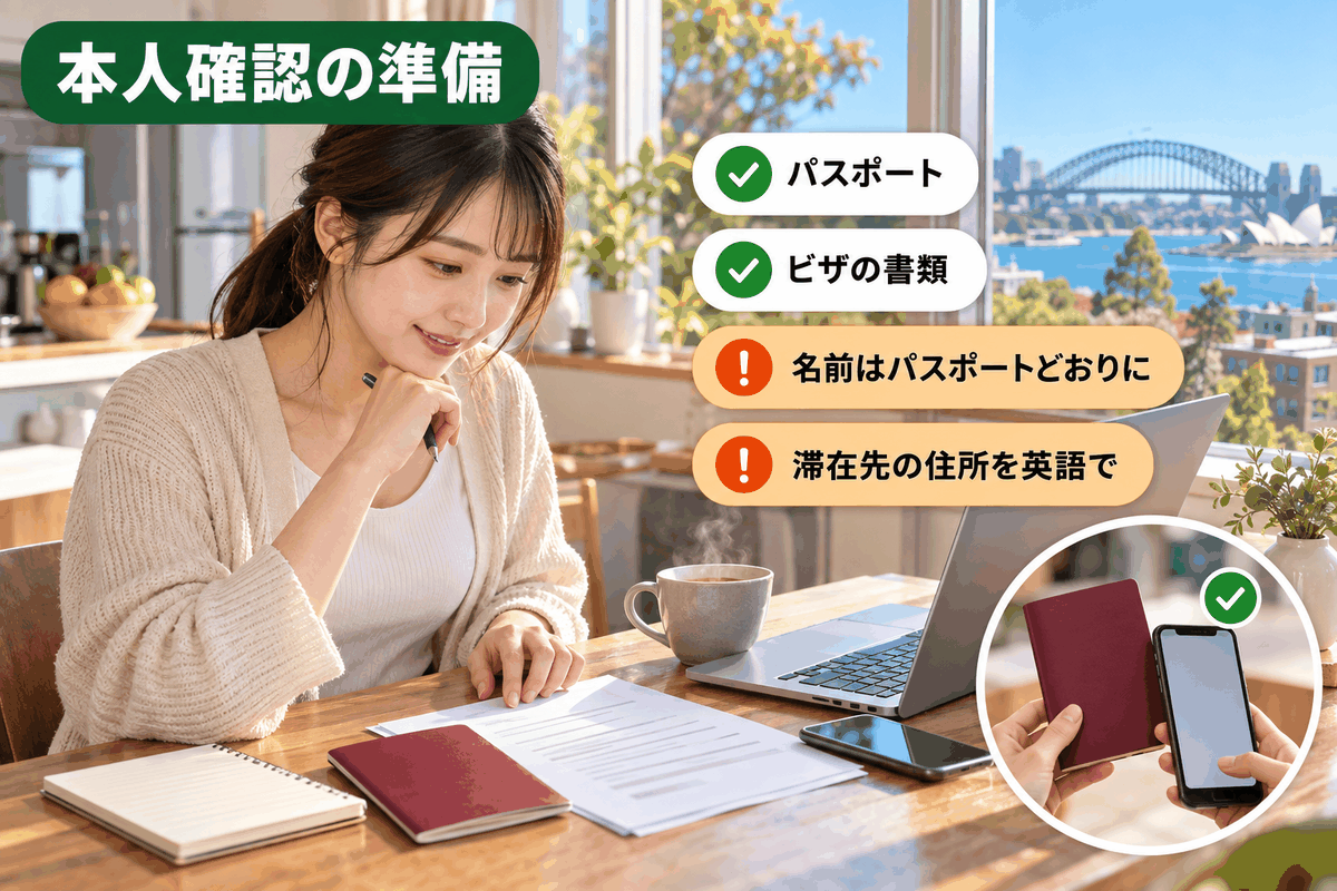オーストラリア eSIMの開通で必要な本人確認。パスポートとビザの書類、滞在先の住所を机に並べて準備する留学生