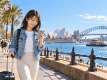 シドニーのハーバー沿いでスマホを手に笑顔で歩く日本人留学生。オーストラリアのeSIMを設定して到着した場面