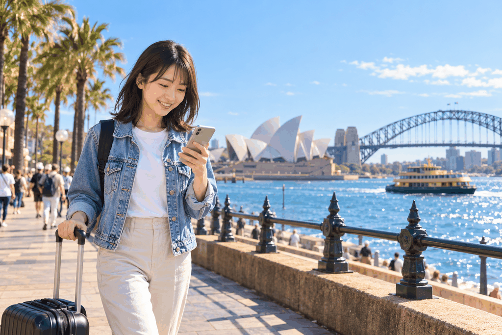 シドニーのハーバー沿いでスマホを手に笑顔で歩く日本人留学生。オーストラリアのeSIMを設定して到着した場面