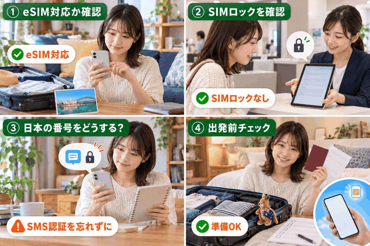 オーストラリア eSIMの渡航前準備を4コマで示した図。対応機種とSIMロックの確認、日本の番号の扱い、出発前チェック