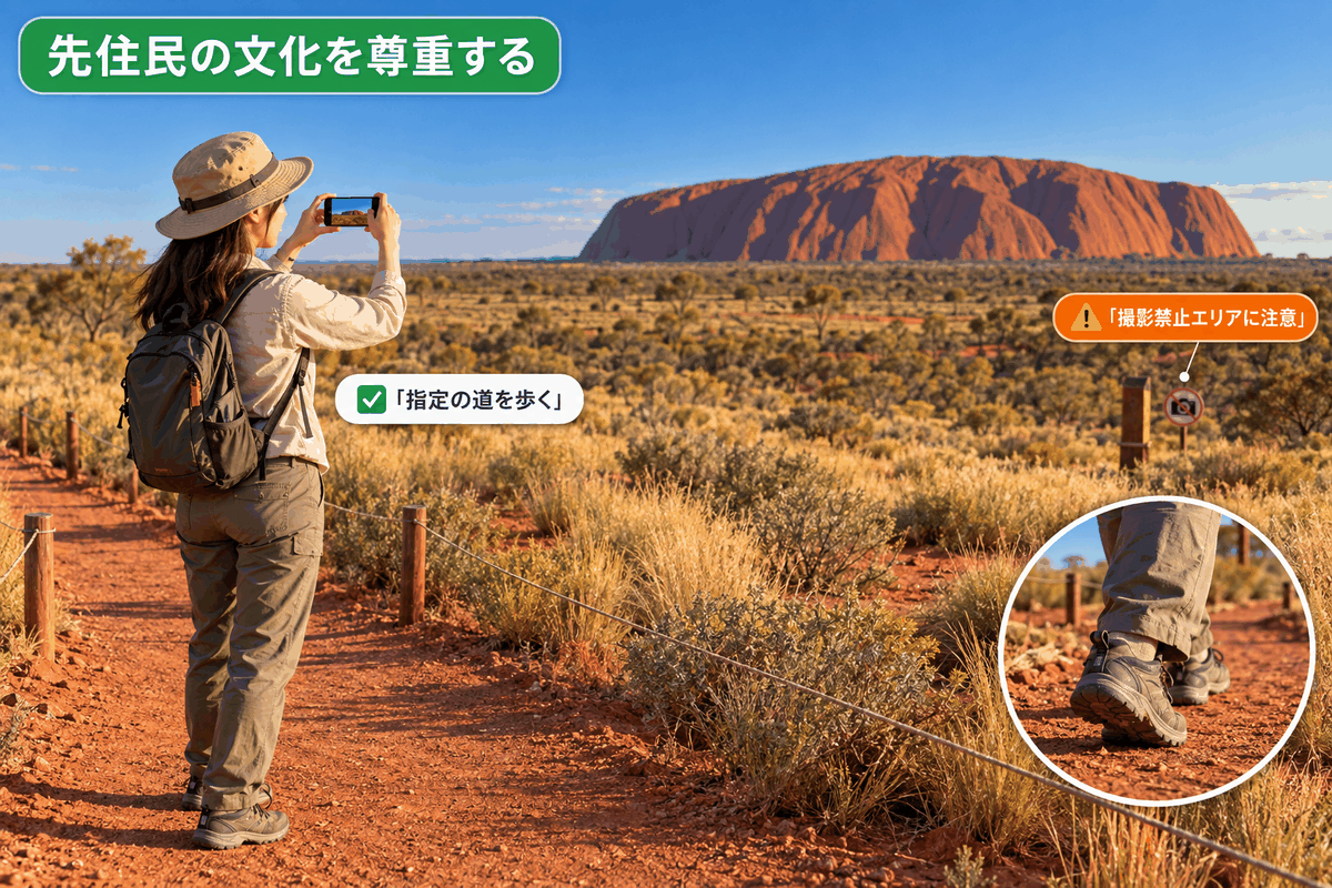 ウルルの麓の遊歩道を歩き景色を撮影する留学生。オーストラリア先住民の文化を尊重するNG行為への配慮