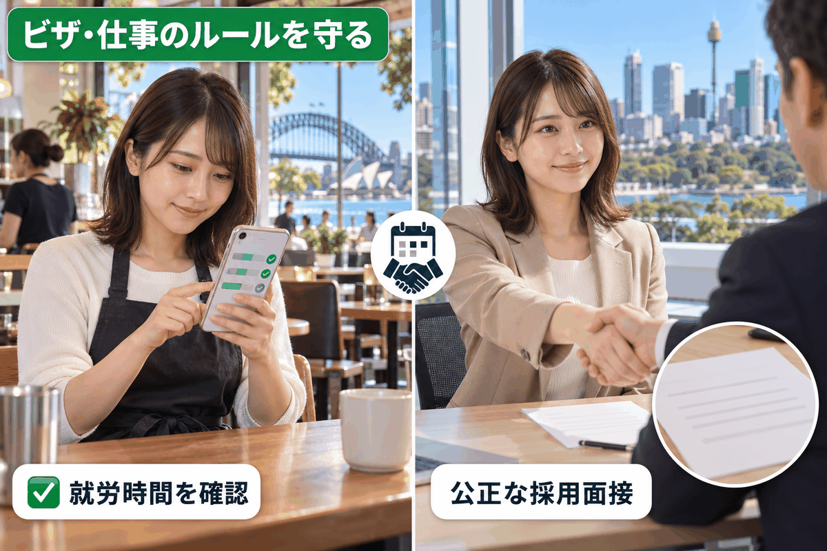 就労時間をアプリで確認し面接で握手する留学生。オーストラリアの学生ビザ・ワーホリで守りたいポイント