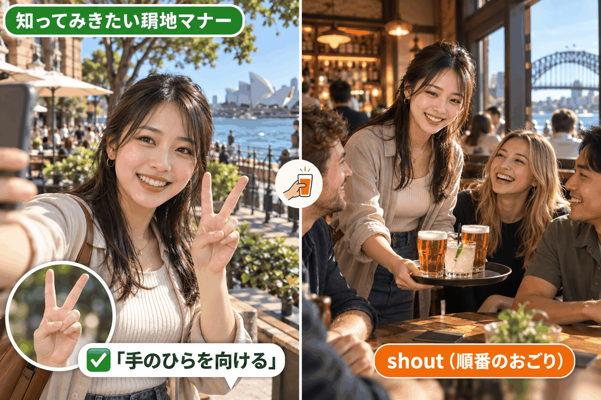 手のひらを見せてピースサインをし、パブで一杯おごる留学生。オーストラリアの誤解されやすいマナーの正しい理解