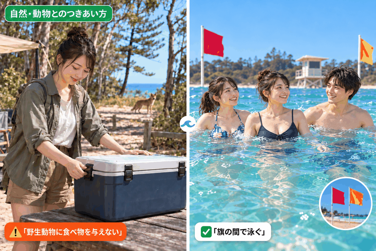 食料を管理し野生動物に近づかず旗の間で泳ぐ留学生。オーストラリアの自然・動物のNG行為を避けるポイント