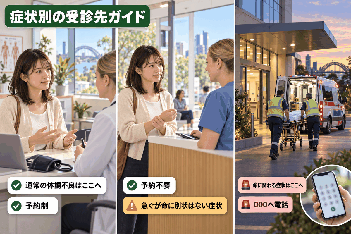 オーストラリアでGP・Urgent Care・救急外来を症状別に使い分ける様子を示した図