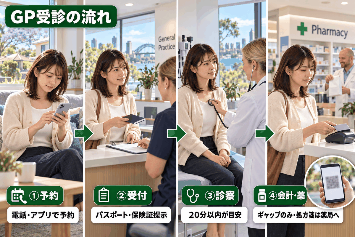 オーストラリアのGP受診を予約から会計まで4ステップで示した図