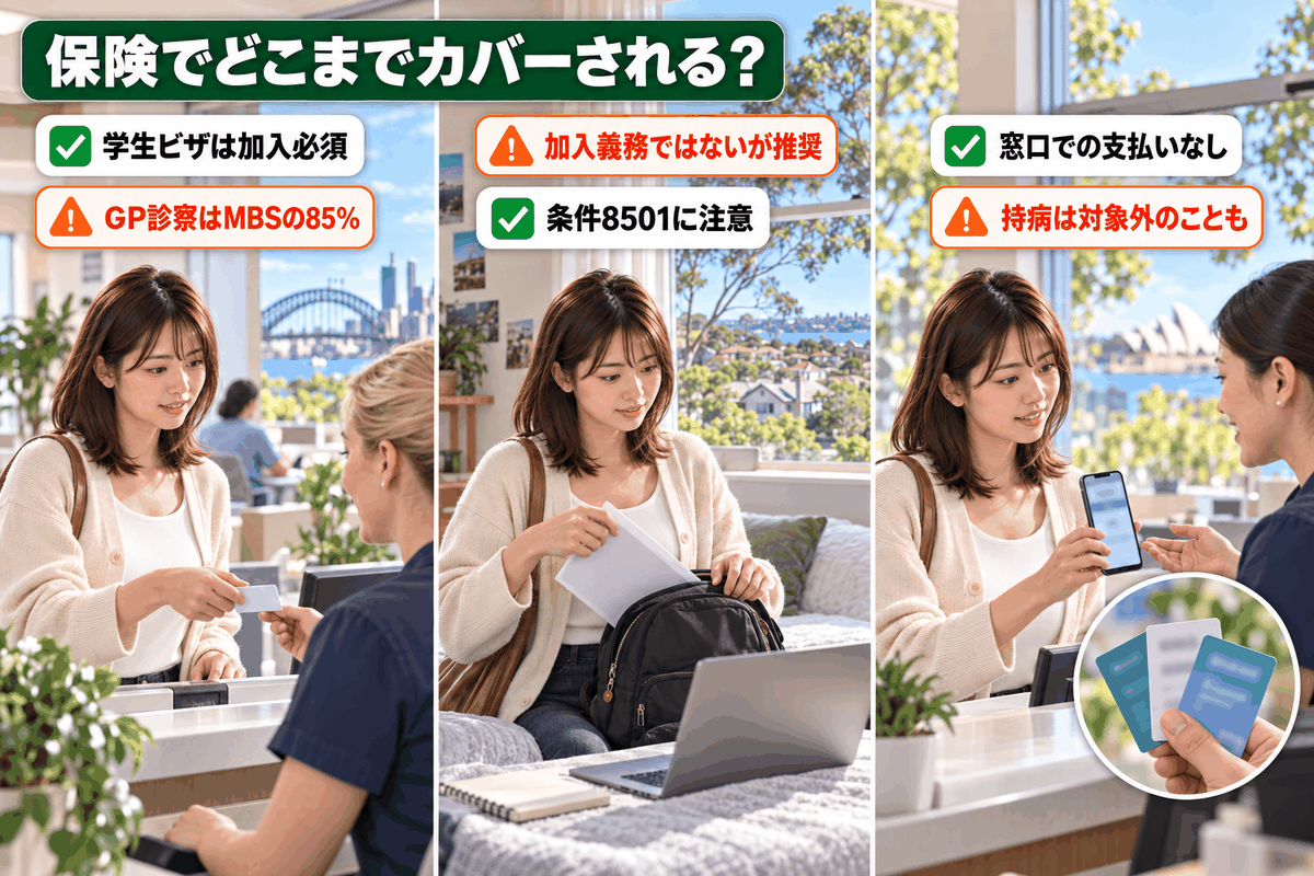 OSHCとワーキングホリデー保険、海外旅行保険キャッシュレス診療の違いを比較した図