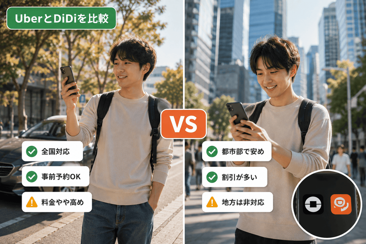 オーストラリアの配車アプリUberとDiDiを、対応エリアや料金の違いで比較したイラスト