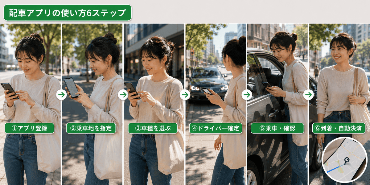 オーストラリアの配車アプリの使い方を、登録から自動決済まで6ステップで示した図