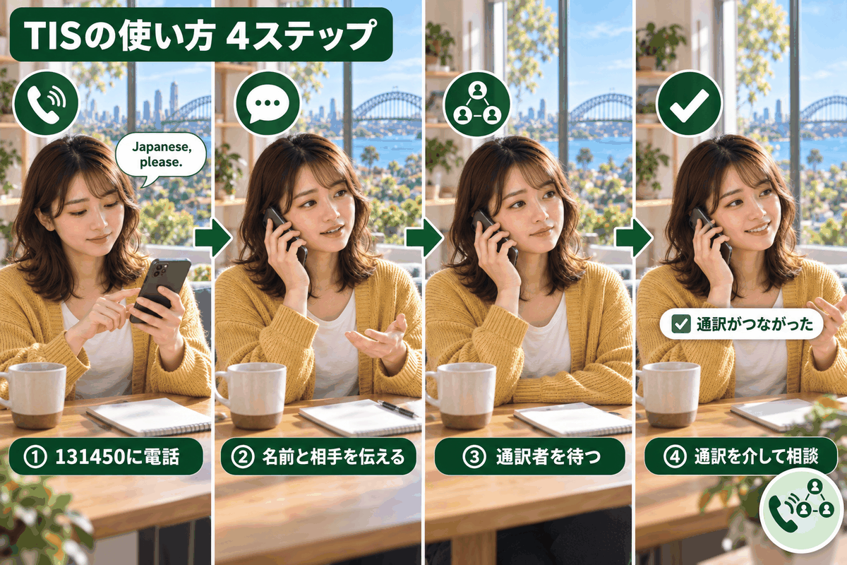 オーストラリアの電話通訳TIS131450に電話してから通訳につながるまでの4ステップを示した図