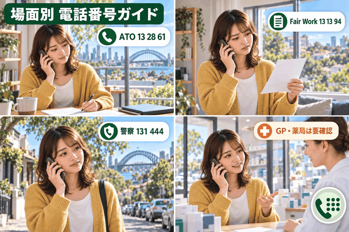 ATOや警察など電話通訳TISが使える場面と伝える電話番号をまとめた図